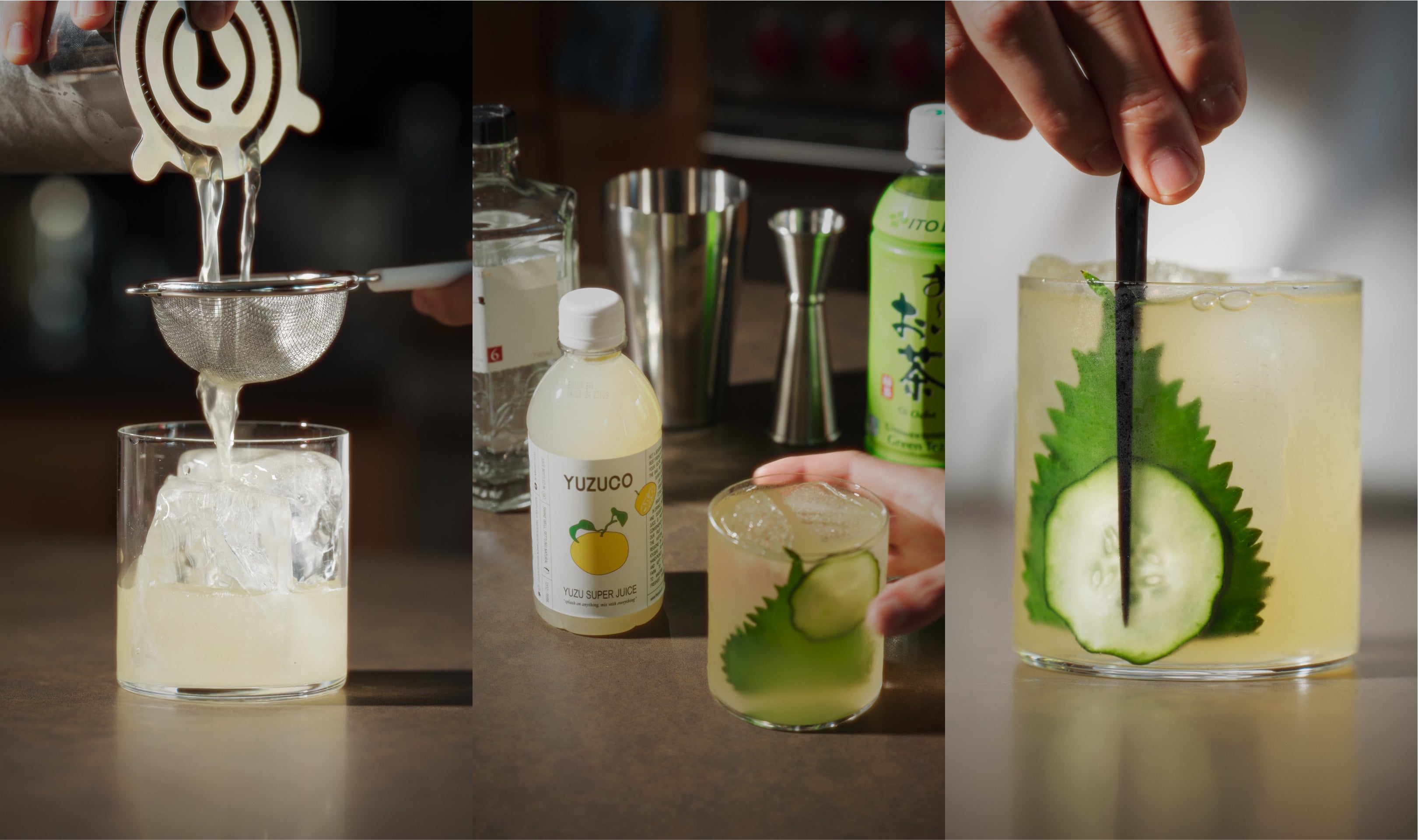 Shiso Fine cocktail prep: yuzu strained over ice, YUZUCO bottle and tools beside a glass, garnished with shiso and cucumber