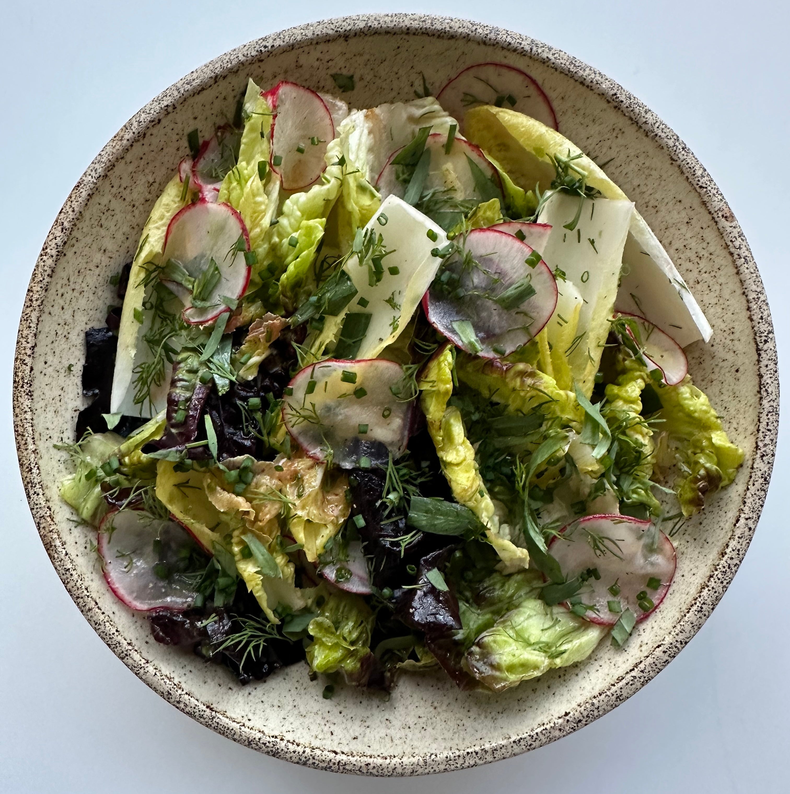 Overhead view of Hidden Gem salad with gem lettuce, radish slices, dill and chives in a speckled bowl on white