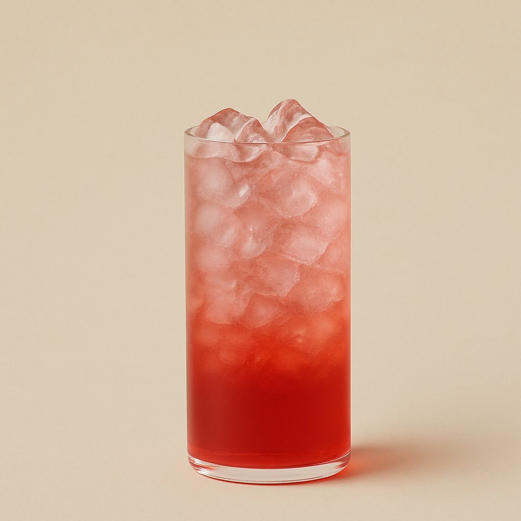 Front view of a tall glass of Elevated Campari Soda showing crushed ice and red-to-pink gradient on beige background