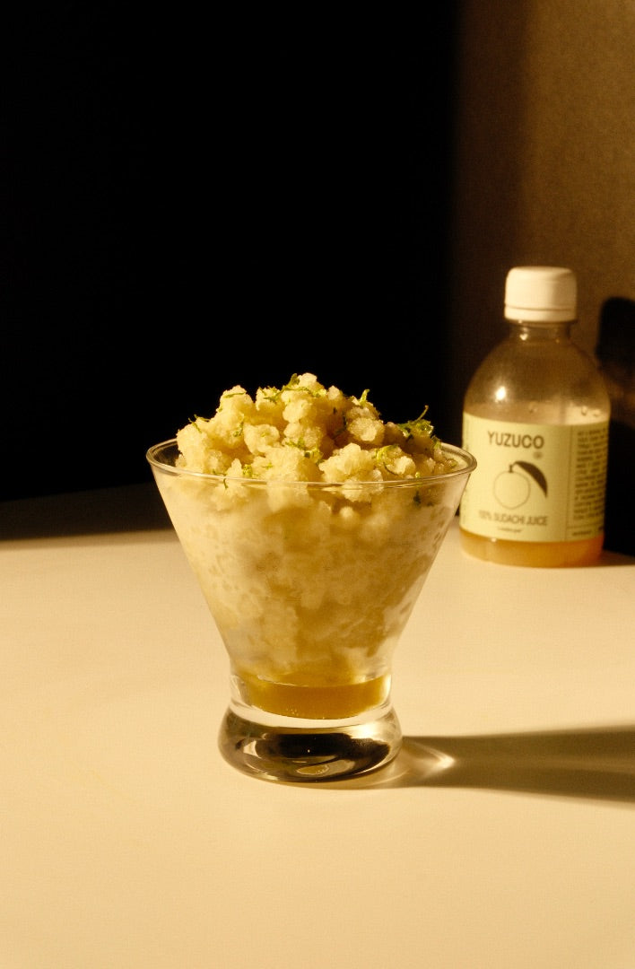 Sudachi Shiso Granita with Sudachi bottle in the background