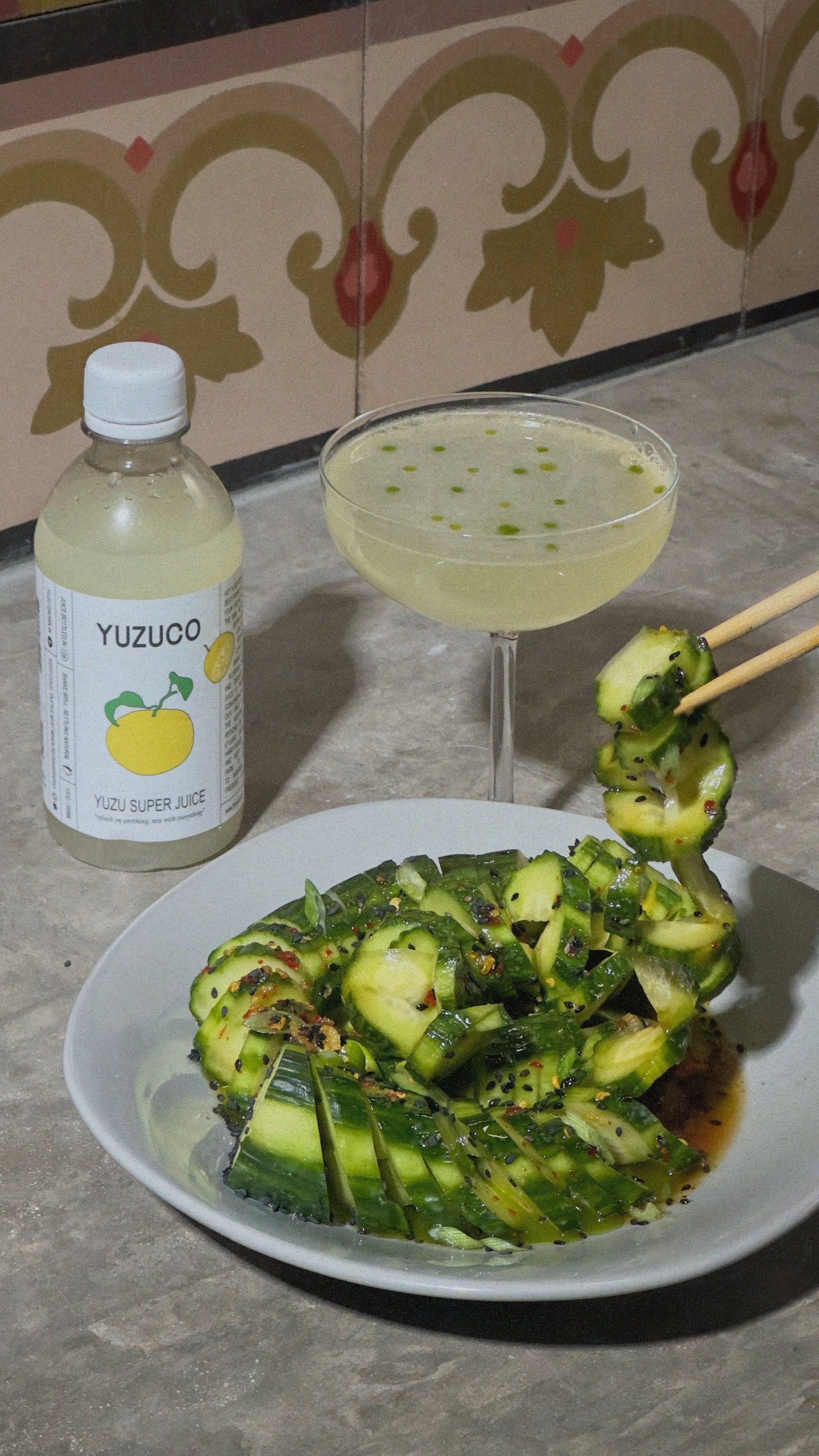 YUZUCO Yuzu super juice next to yuzu cucumber gimlet and yuzu cucumber salad