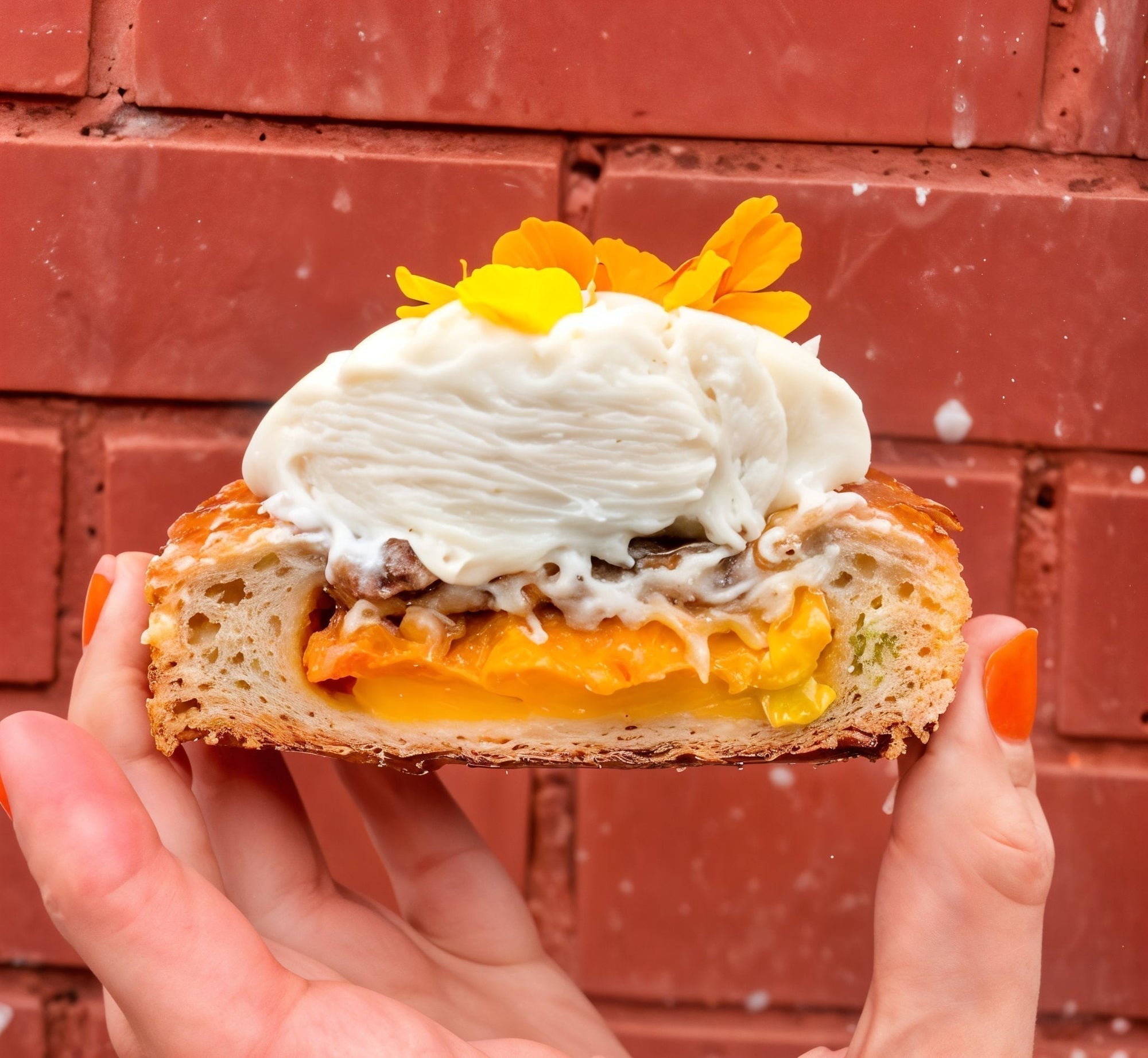 Close-up of a hand holding a cross-section of a pastry with yuzu filling and cream.