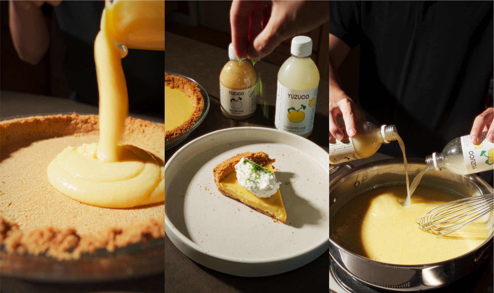 three images of yuzu pie in various stages. filling bieng poured into crust, slice on a plate being garnished with yuzuco yuzu juice bottles behind it. juice being added to filling while in a pot on the stove.