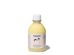Front view of 8.7oz 100% Yuzu Juice bottle showing pale yellow juice, YUZUCO label, and white screw cap on white background