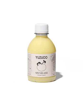 a bottle of 100% yuzu juice over white background