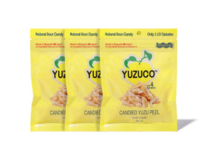 Front view of three Candied Yuzu Peel 30g bags showcasing yellow packaging with YUZUCO logo on white background