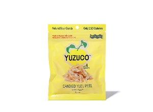 Front of Candied Yuzu Peel 30g pouch showcasing yellow branded packaging with yuzu illustration on white background