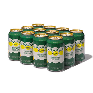 Angled view of a 12-pack of Green Tea Yuzu-Ade cans showing the green can design and label on a white background