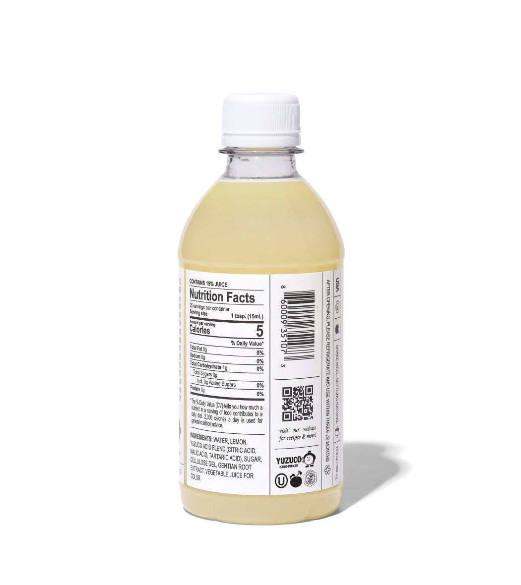 Back view of 13oz Lemon Super Juice bottle showcasing nutrition facts and ingredient list on white background