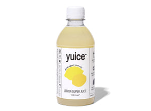 Front view of Lemon Super Juice 13 oz bottle showcasing label with yellow lemon illustration on white background