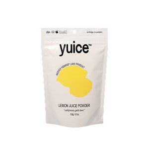 Front view of Lemon Juice Powder 100g pouch showcasing Yuice logo, yellow lemon graphic and resealable zipper on white background