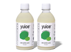 Front view of two 13 oz Lime Super Juice bottles showcasing labels and white caps on white background