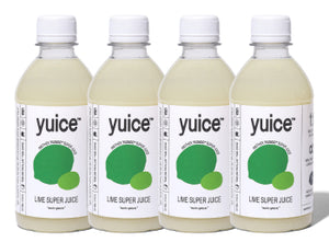 Front view of 4-pack of 13oz Lime Super Juice bottles showcasing label with green lime graphic on white background
