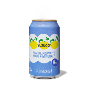 Front view of 12oz (355 mL) Sparkling Yuzu + Minerals can showing blue label with yuzu illustration on white background