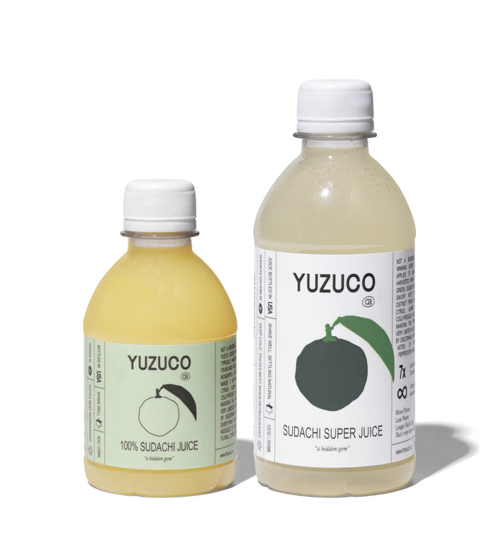Front view of Sudachi Duo: small 100% Sudachi Juice and larger Sudachi Super Juice bottles showing labels on white background
