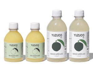 Front view of Sudachi Duo 4-pack showing two small and two large Sudachi bottles on white background