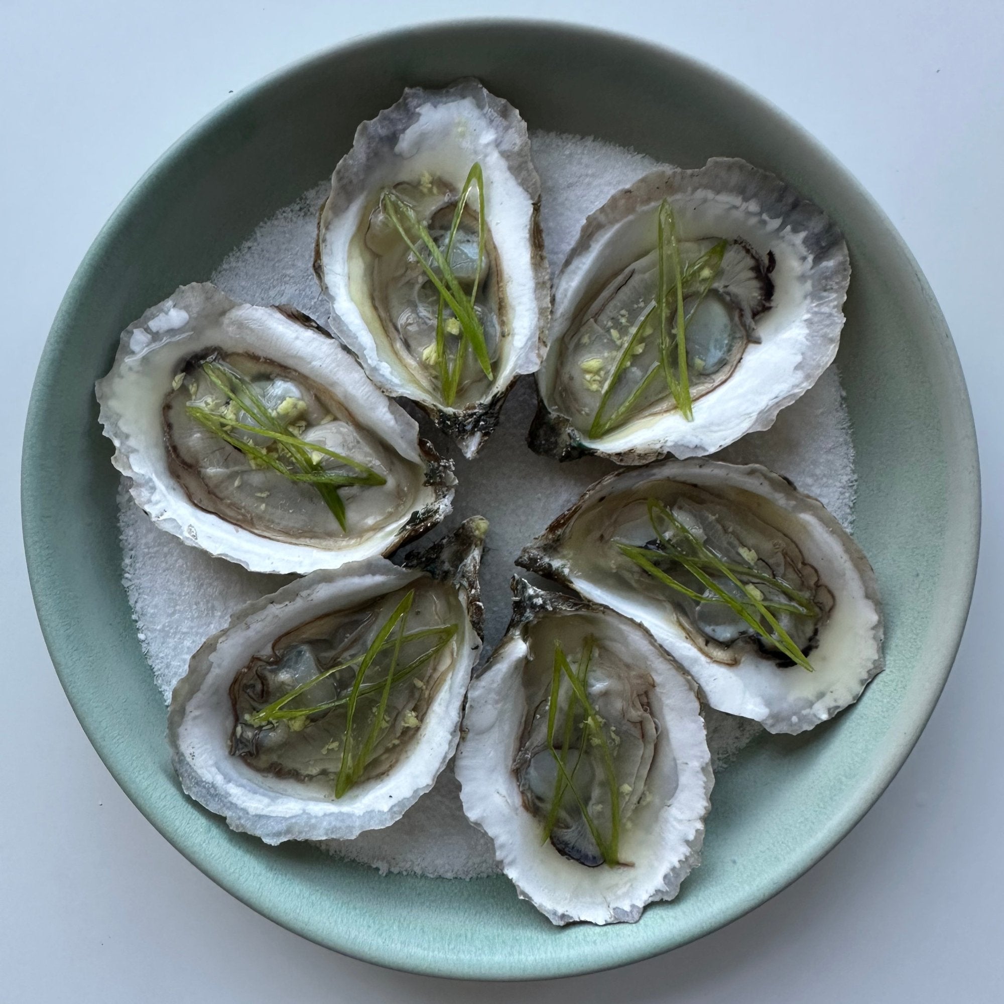 A plate of oysters with a sudachi mignonette. Served in a teal ceramic bowl on a bed of coarse salt. Neutral background color.