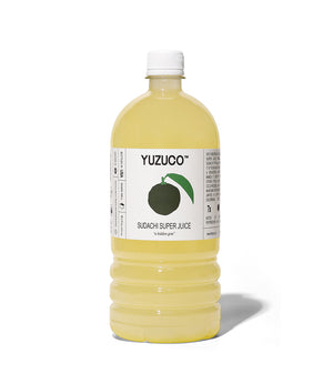 Front view of Sudachi Super Juice bottle showing pale yellow juice and YUZUCO label including the text Sudachi Super Juice on a white background