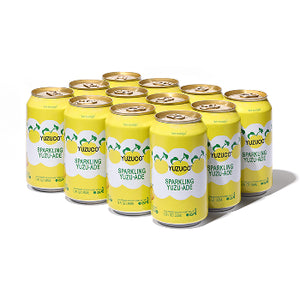 Front view of 12-pack Sparkling Yuzu-Ade 12 fl oz cans showcasing yellow label with yuzu pattern on white background
