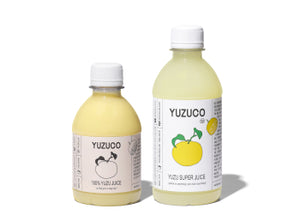 Front view of two Yuzu Duo bottles (small and large) showing product labels and white screw caps on white background