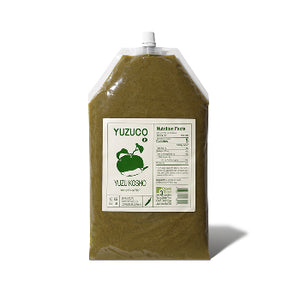 Front view of 1 kg Green Yuzu Kosho pouch showcasing spout-top resealable bag and product label on white background