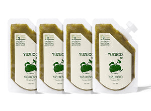 Front view of four Green Yuzu Kosho pouches showing 4-pack quantity with white background
