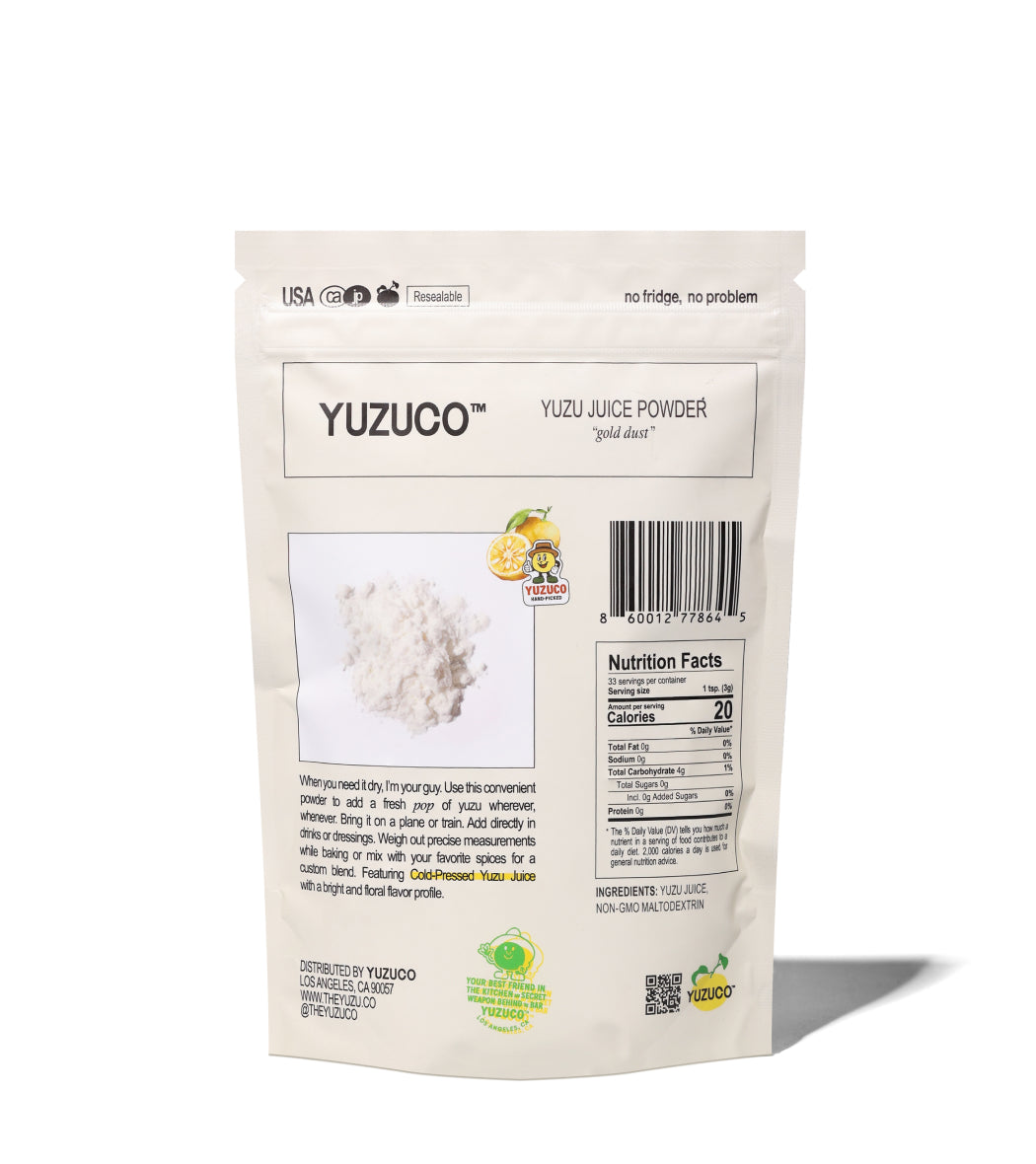 Back of YUZUCO Yuzu Juice Powder resealable pouch showing powder image, nutrition facts, barcode on white background